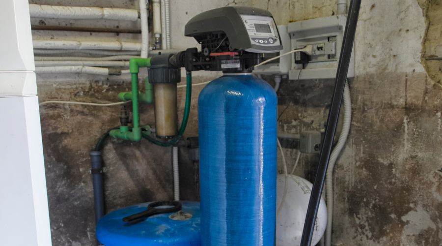 Water softener system with blue tank and control unit, installed in a basement setting, supporting plumbing and appliance protection.
